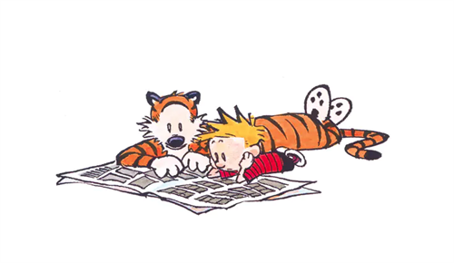 Calvin and Hobbs reading a newspaper